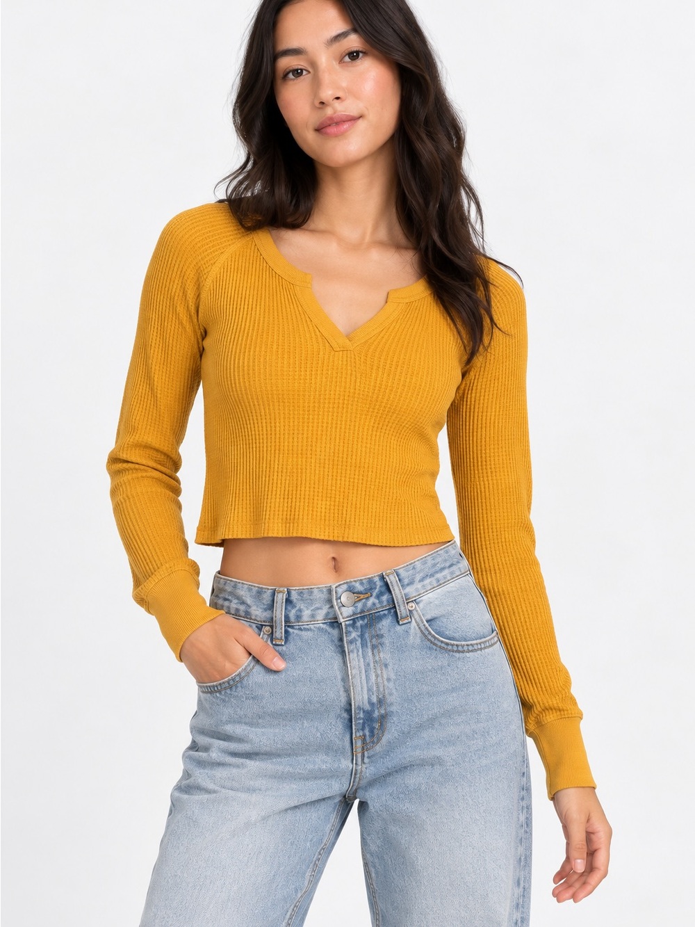 BDG Urban Outfitters Corey Mustard Waffle Thermal Top XS